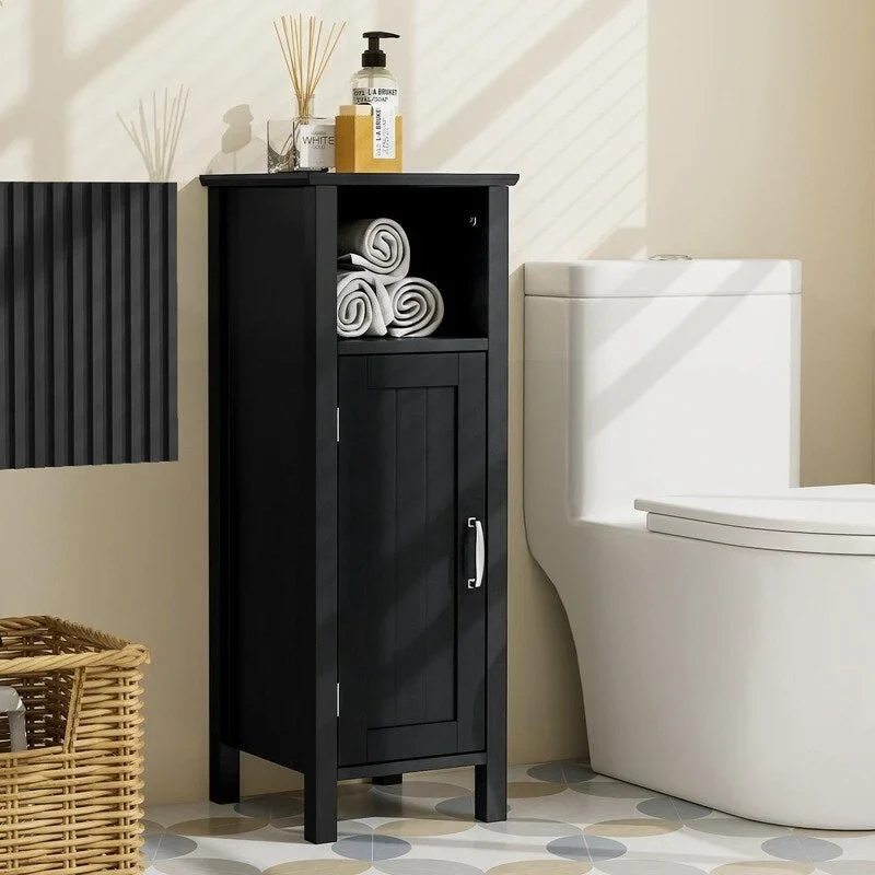Grey / Black Floor Storage Cabinet with 1 Door & 3 Adjustable Shelves