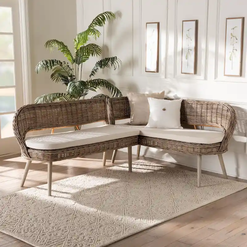 Raisa Modern Bohemian Natural Kubu Rattan and Acacia Wood 2-Piece Dining Nook Banquette Set