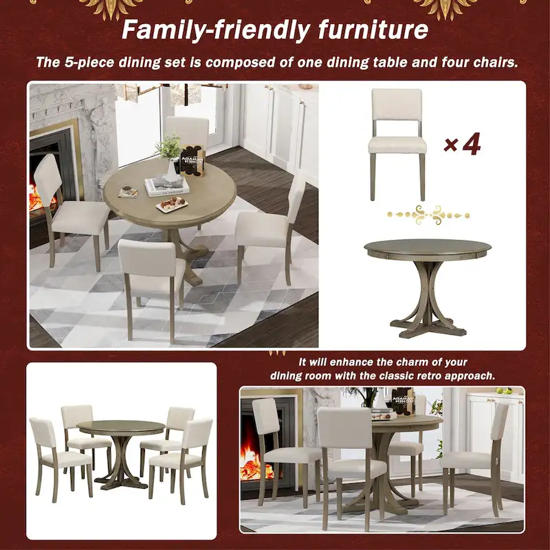 Taupe Retro 5-Piece Wooden Dining Table Set with Curved Trestle Table & 4 Chairs