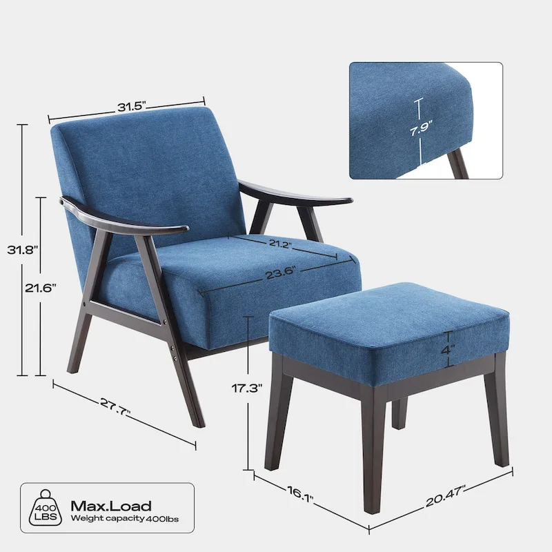 Mid Century 27.7 Upholstered Arm Chair with Solid Wood Frame and Ottoman