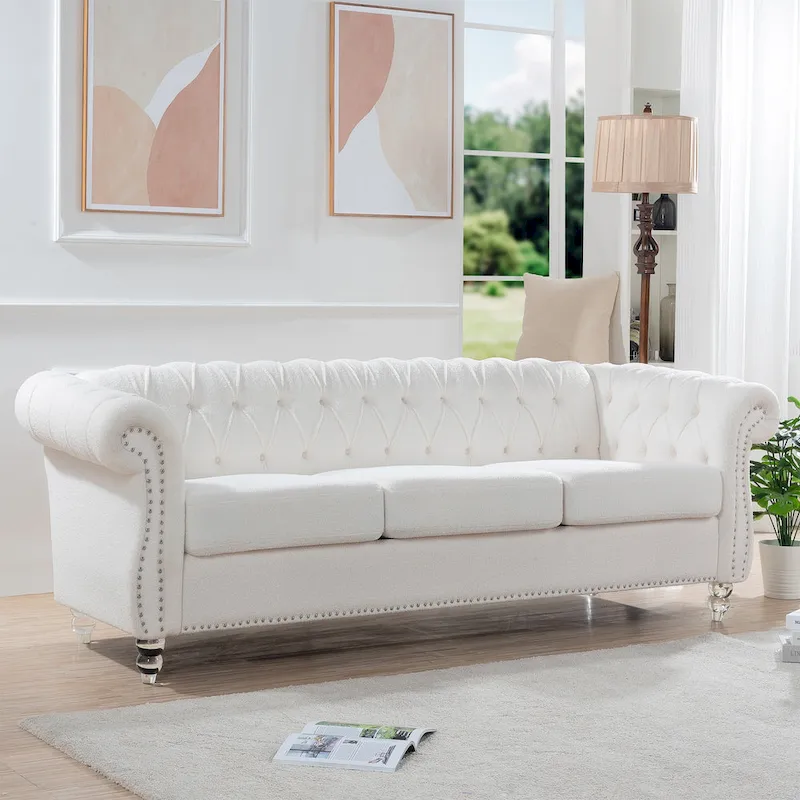 3-Seater Sofa, Button-Tufted, Rolled Arms, Nailhead Trim, Low Back, Upholstered, Seats 3, White