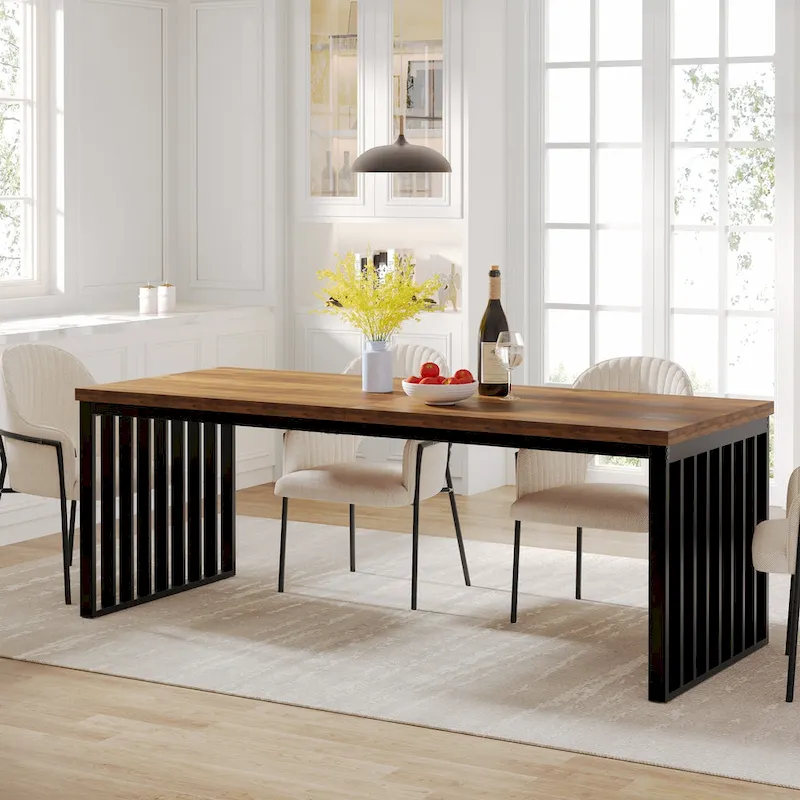 Rectangular Wood Dining Table with Adjustable Foot Pads – Oak / Black, for 6–8 People