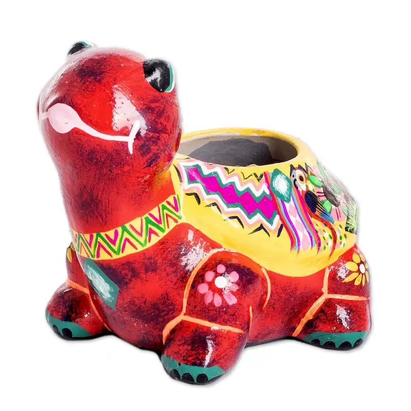 Novica Handmade Floral Turtle Small Ceramic Flower Pot