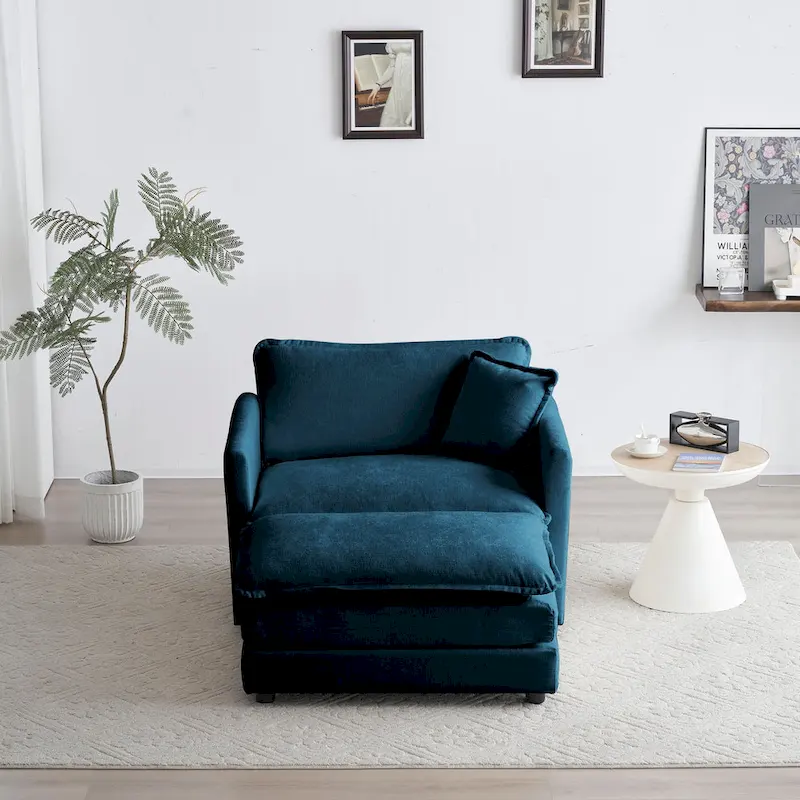 Modern Accent Chair with Ottoman, Living Room Club Chair Chenille Upholstered Armchair , Reading Chair for Bedroom, Blue Chenill