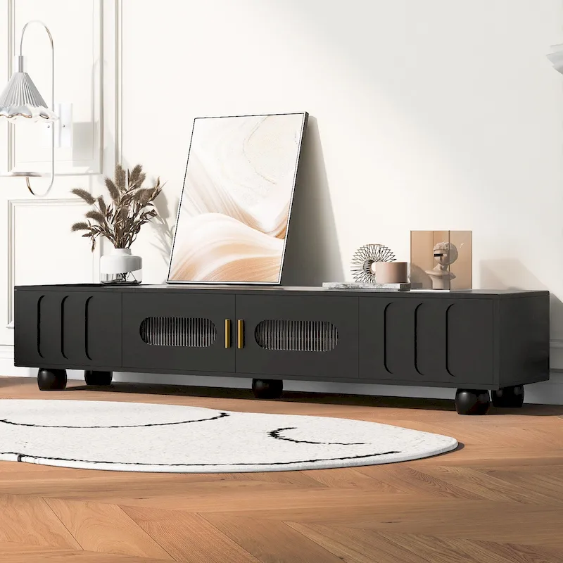 Modern Solid Wood Legs TV Stand with 4 Storage Shelf and 2 Storage Doors for Living Room Entertainment