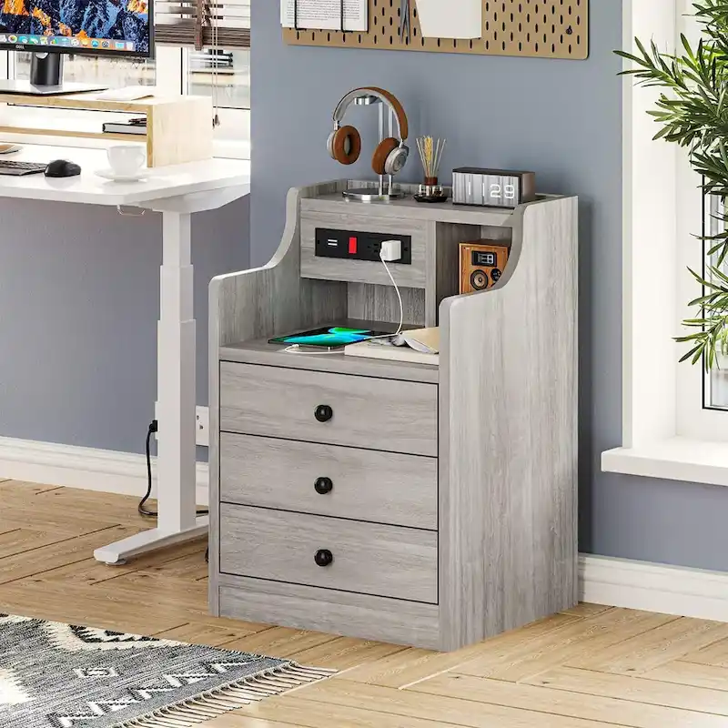 3-Drawer Nightstand with Built-in Charging Station and Open Shelf – White / Pink / Grey / Black, for 1 Person