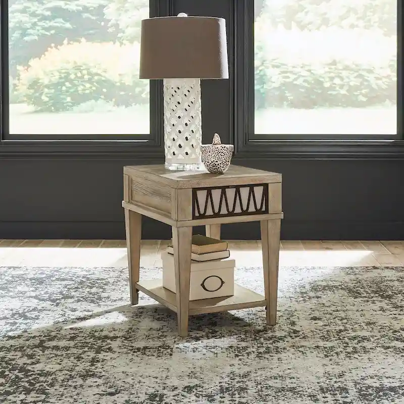 Chairside Table with Drawer & Bottom Shelf, Sandstone, Rubberwood & Oak Veneer, 18.5