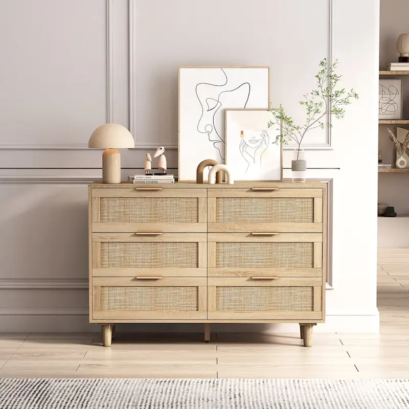 Roomfitters 43.31-Inch 6-Drawer Rattan Storage Cabinet in Natural for Bedroom and Living Room