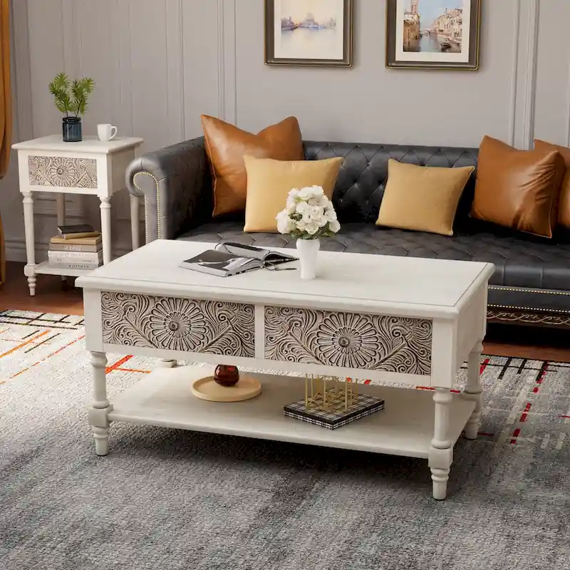 Rectangular Coffee Table, 2 Drawers & Open Shelf, MDF with Veneer, Flower Pattern, 39.2