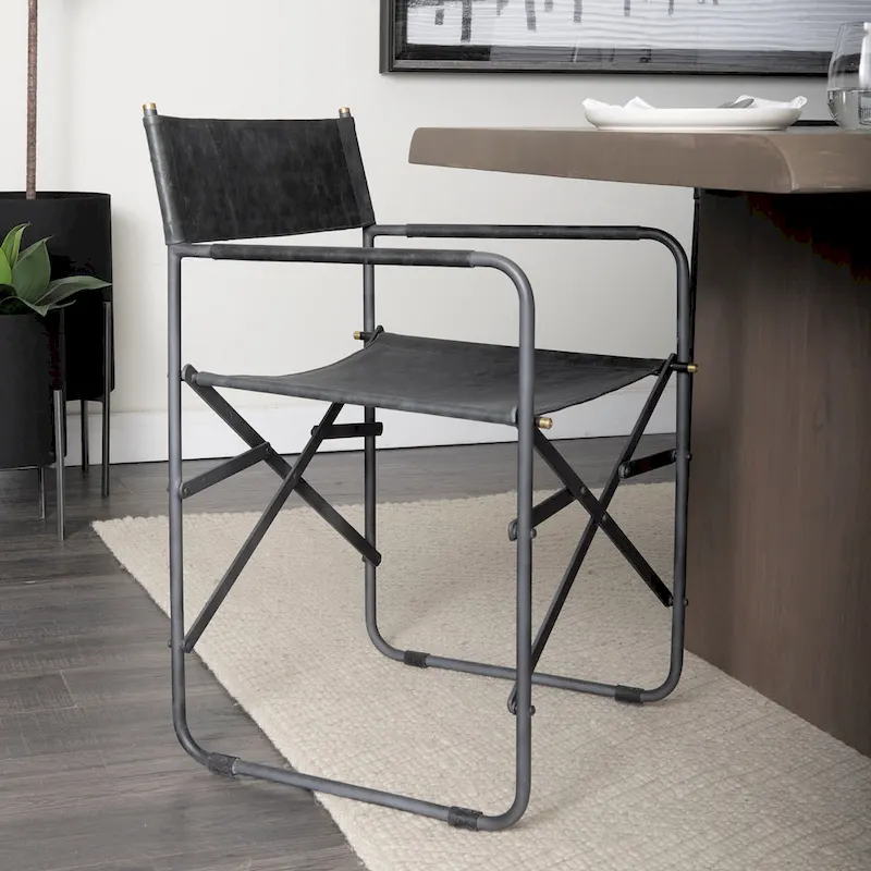 Foldable Director-Style Dining Chair with Genuine Leather Seat and Matte Iron Frame – Black, for 1 Person