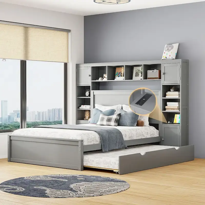 Modern Wooden Bed with Cabinet, Shelf, and Sockets