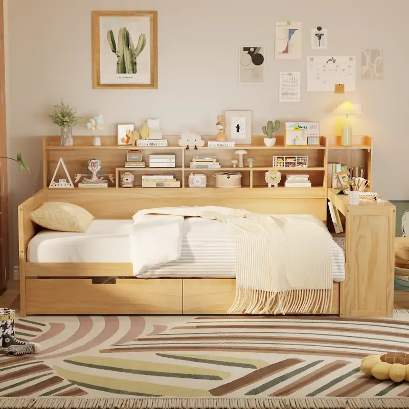Wooden Twin Size Daybed with Storage Shelves, Two Drawers & Study Desk,Natural