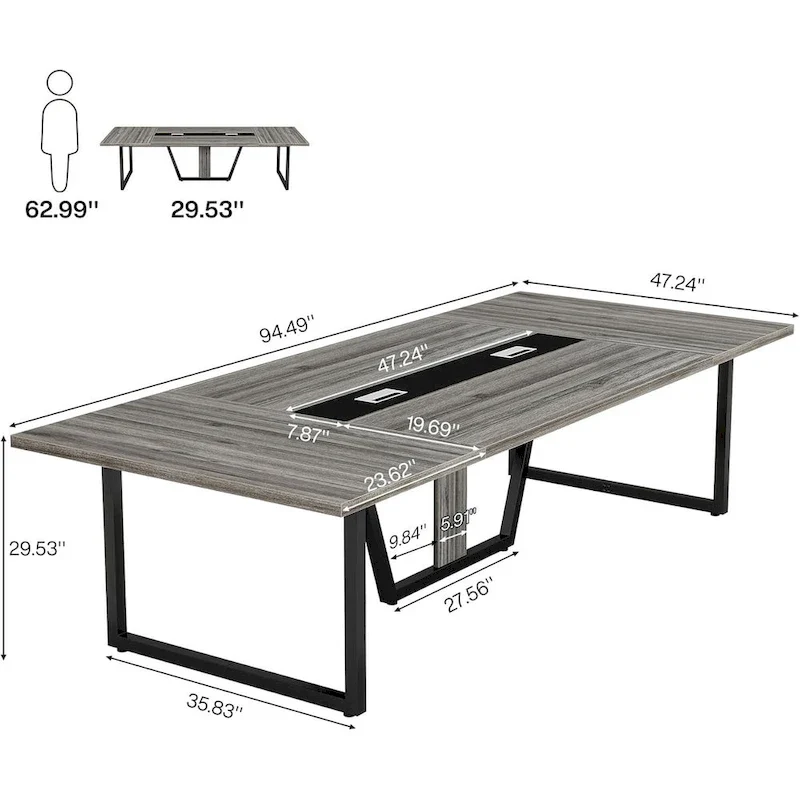 Large Rectangular Conference Table with Cable Management – Brown / Grey, Seats 8–10