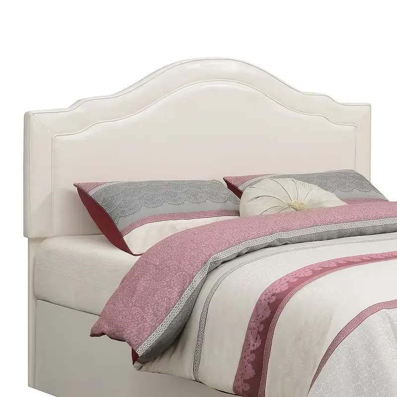 Queen Camelback Upholstered Headboard in Faux Leather with Adjustable Height Posts – Cream, for 1–2 People