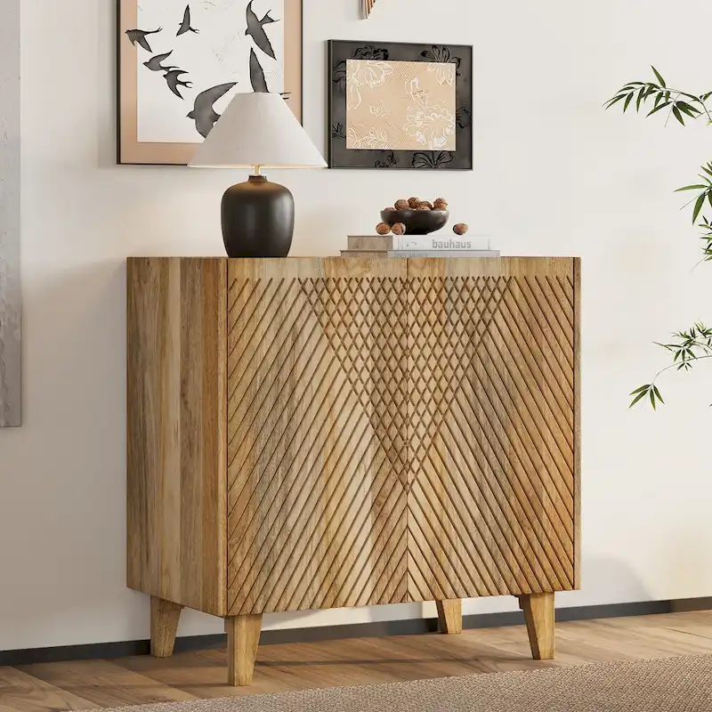 Honey 2-Door Fluted Mango Wood Accent Cabinet with Adjustable Shelf