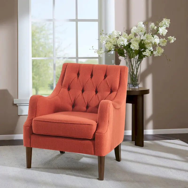 Button Tufted Accent Chair, Transitional, Removable Cushion, Wood Legs, 29.25