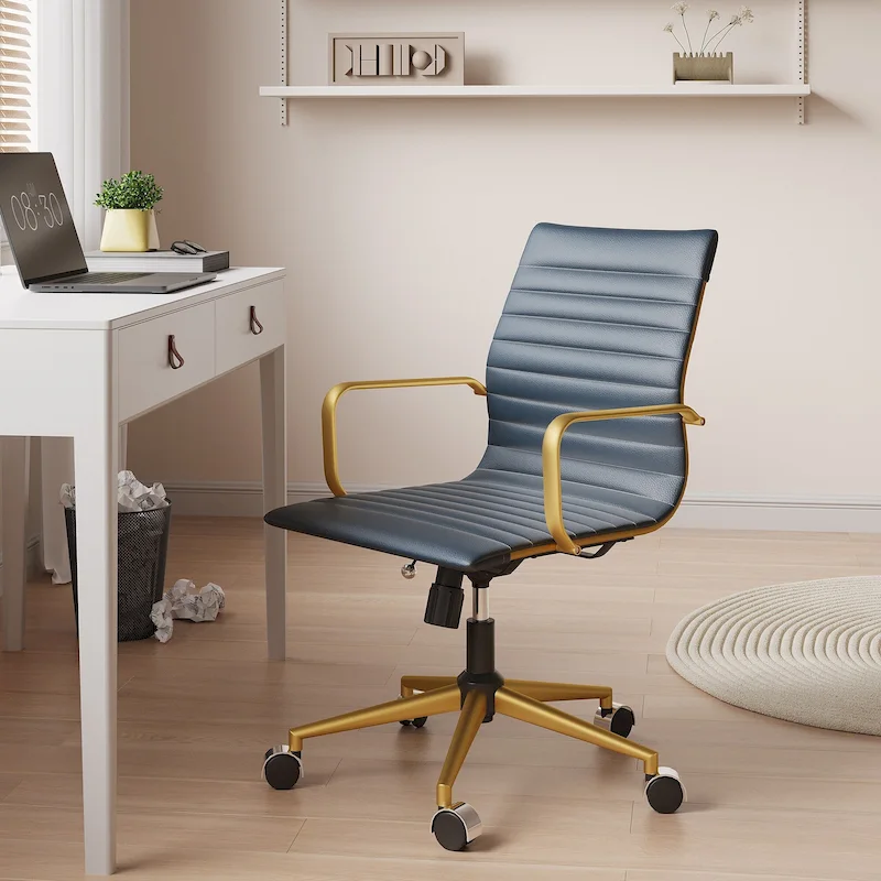 Ribbed Leatherite Office Chair with Chrome Frame, L-Shaped Arms and Swivel Base – Grey / White / Terracotta / Green / Brown / Black / Navy Blue / Gold & Navy Blue / Gold & Black / Gold & White, for 1 Person