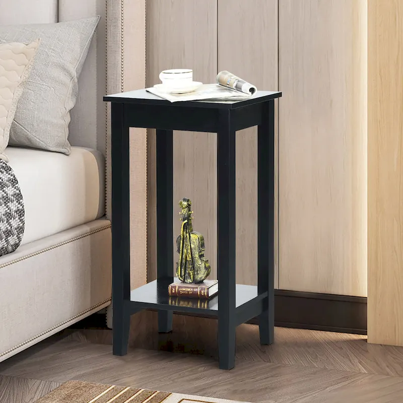 2-Tier Nightstand End Table, Set of 2, Wood & MDF, 4 Solid Legs, 16
