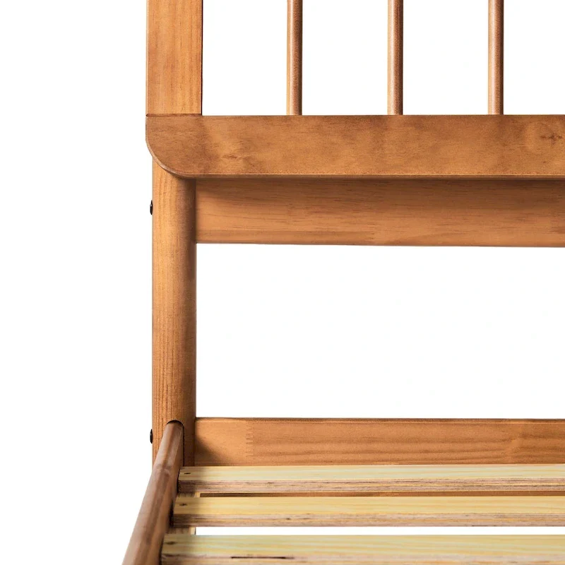 Queen Solid Wood Spindle Bed Frame with Pine Legs – Caramel / Natural Pine / Black, for 1–2 People