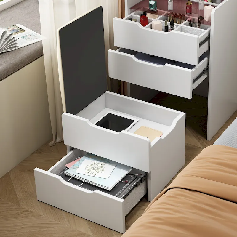 3-in-1 Small Makeup Table Set with Glass Top 3 Drawers, Stool
