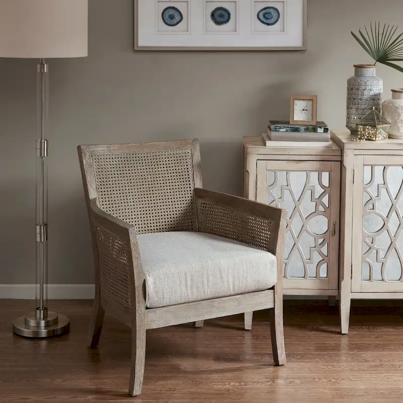 Cane Accent Armchair, Cream/Tan/Black, Wood Frame, Farmhouse, Seats 1