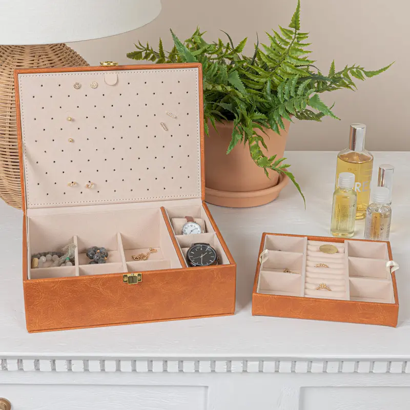 Household Essentials Vegan Leather 2-Layer Jewelry Organizer Box with Clasp Closure - 9.3L x 7.3W x 3.8H