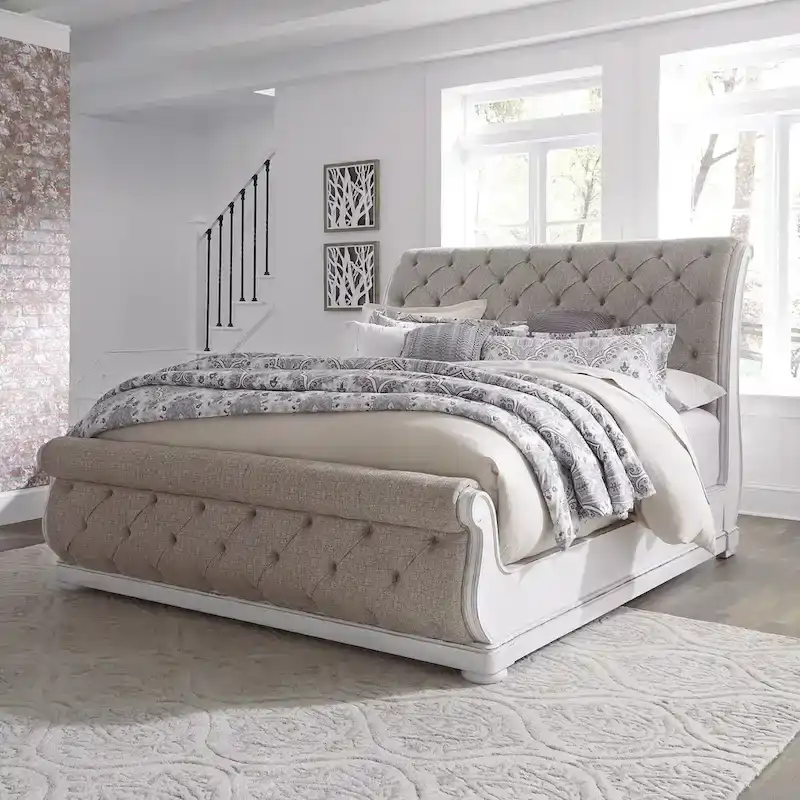 Magnolia Manor Antique White King Upholstered Sleigh Bed