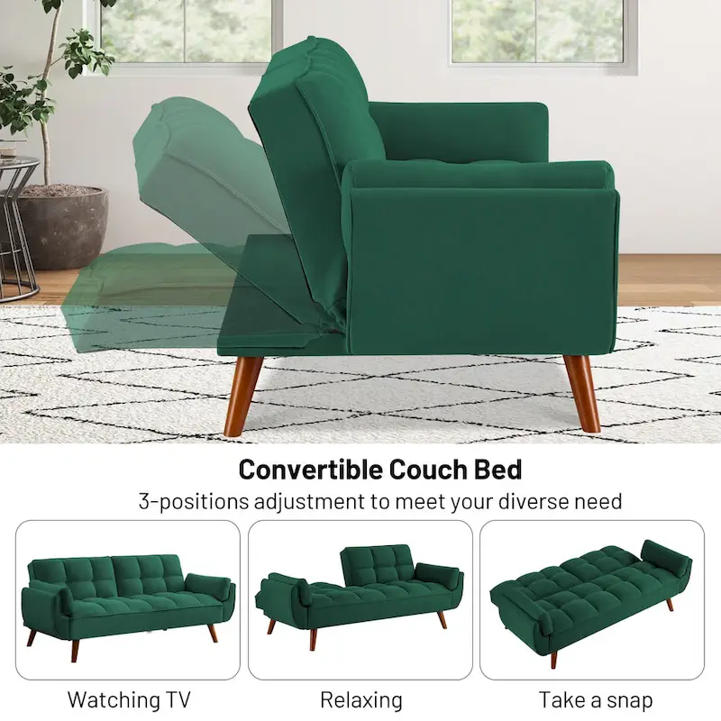 Convertible Futon Sofa Bed, Tufted Linen, Wood Legs, 3-Position Backrest, 500 lbs, Seats 2, Beige/Grey/Green/Yellow