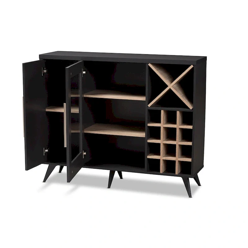 Dark Grey & Oak / White Brown Mid-Century Wine Cabinet with 24-Bottle Rack