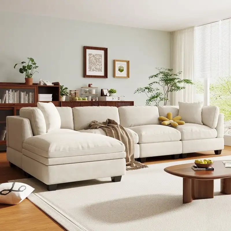 Modular Sofa with Removable Storage Ottoman, 2 Hidden Cup Holders