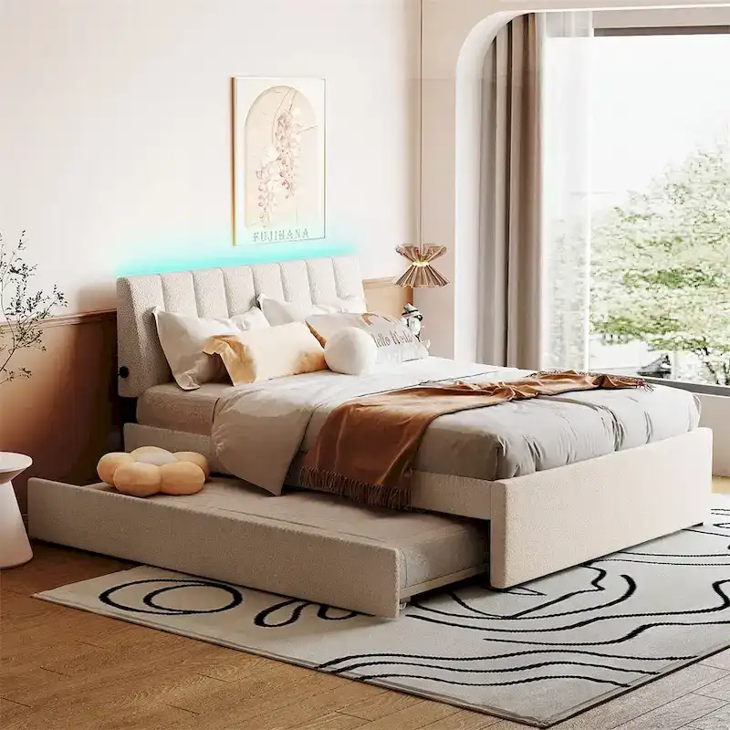 Teddy Fleece Full Size Upholstered Platform Bed with Trundle