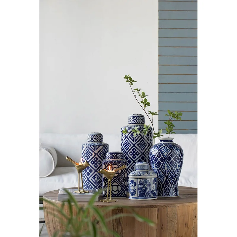 A&B Home Ren Blue and White Oval Jar with Lid