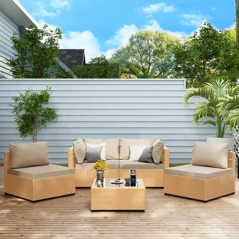 Patio Watcher 5-Pieces Yellow Rattan Conversation Set with Cusions for Outdoors