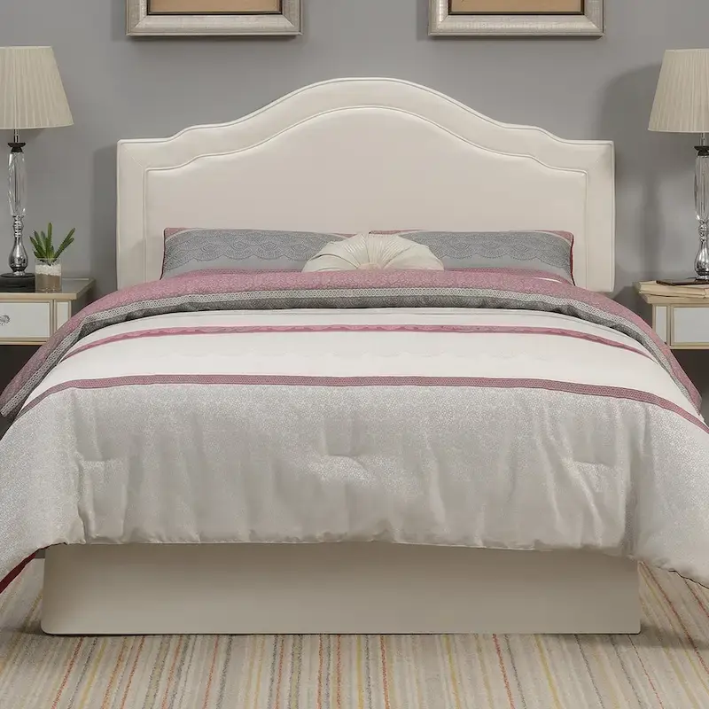 Queen Camelback Upholstered Headboard in Faux Leather with Adjustable Height Posts – Cream, for 1–2 People