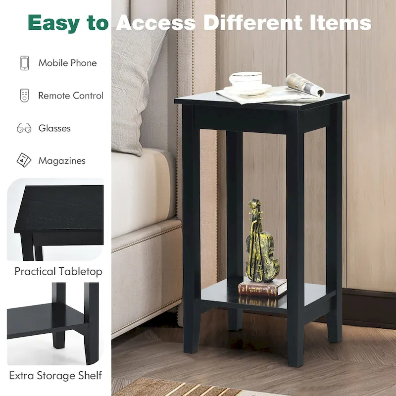 2-Tier Nightstand End Table, Set of 2, Wood & MDF, 4 Solid Legs, 16