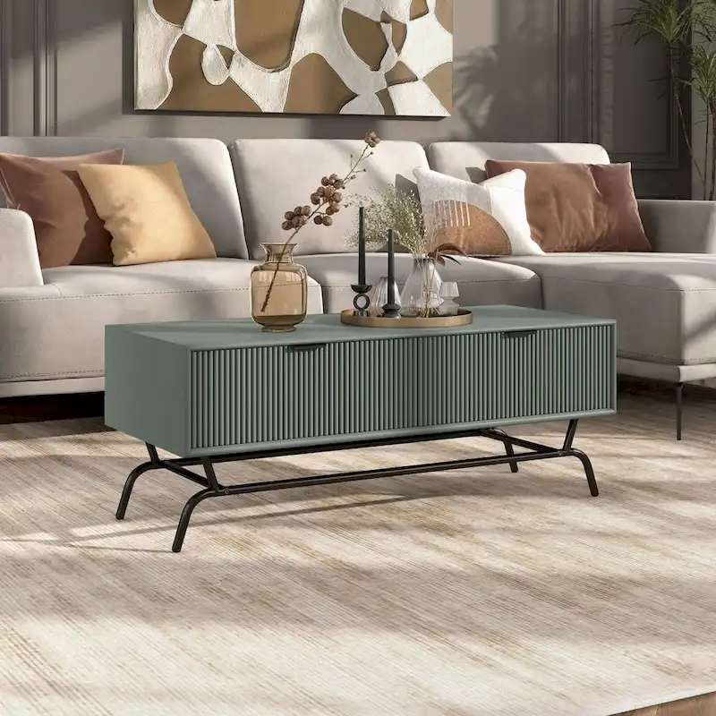 DH BASIC Modern 42-inch 2-Drawers Coffee Table with Metal Legs by Denhour