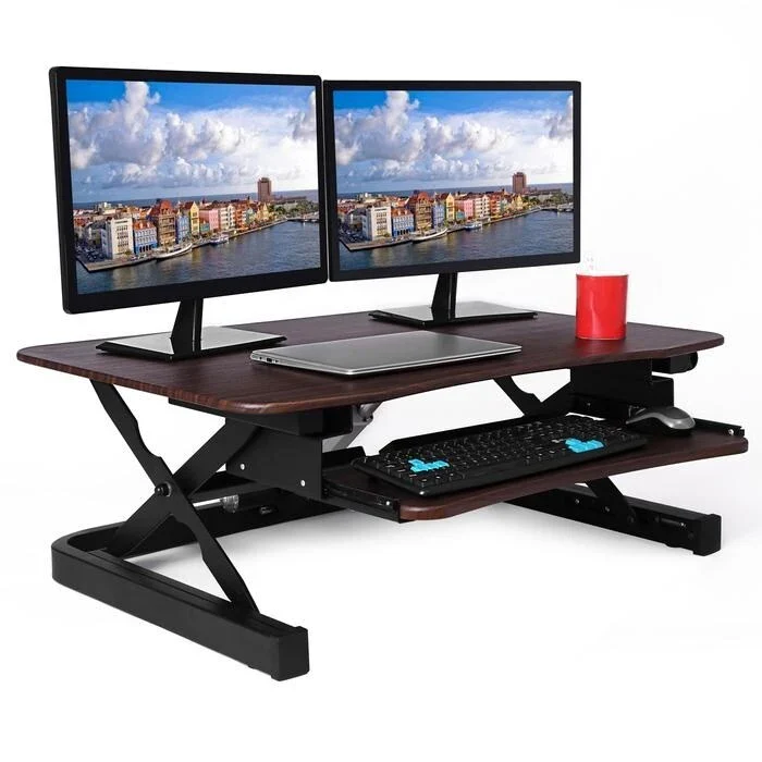 Electric Sit-to-Stand Desk Riser, Brown/Black/White, 36