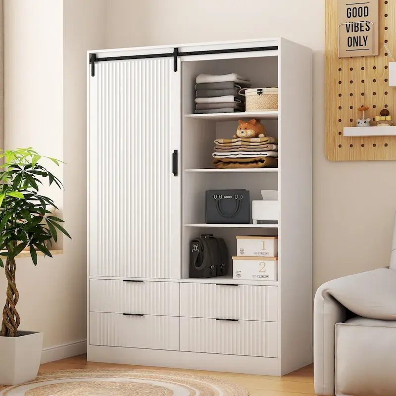 47.24 Modern Armoire with with Hanging Rod, Drawers and Open Shelves for Bedroom