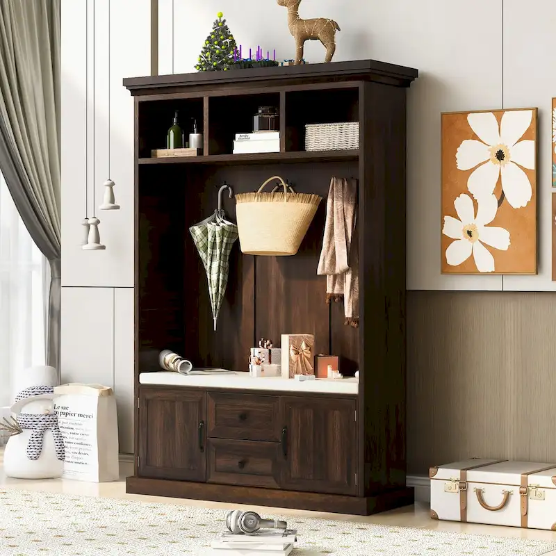 Classic Hall Tree with 3 Hooks,Coat Hanger,Storage Bench for Entrance,Hallway