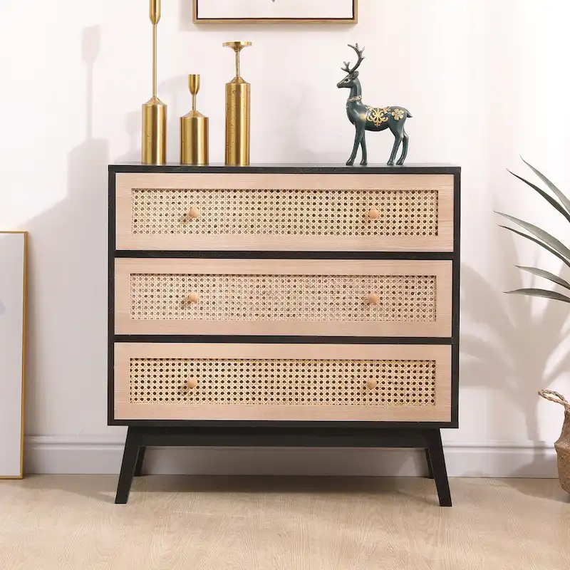 Natural & Black / Wood & Rattan 3-Drawer Storage Cabinet with Rattan Front Panels