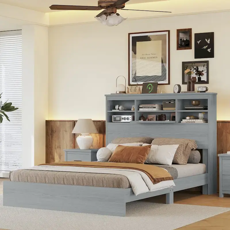 Vintage Platform Bed, with Storage Headboard and Charging Station