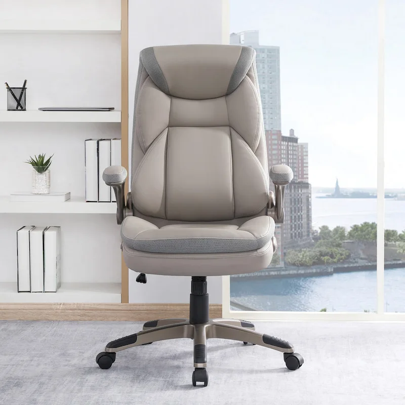 Executive Bonded Leather Office Chair with Lumbar Support, Locking Tilt and Flip Arms – Taupe / Black / Charcoal, for 1 Person