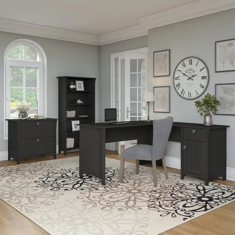 L-Shaped Corner Desk with Lateral File Cabinet and Bookcase – Vintage Black, for 1 Person
