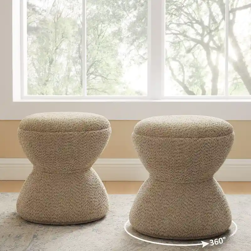 VANOMi Djembe Boucle Upholstered Ottoman with Swivel Base, Pouf, Swivel Vanity Stool for Living Room, Walk-in Closet (Set of 2)