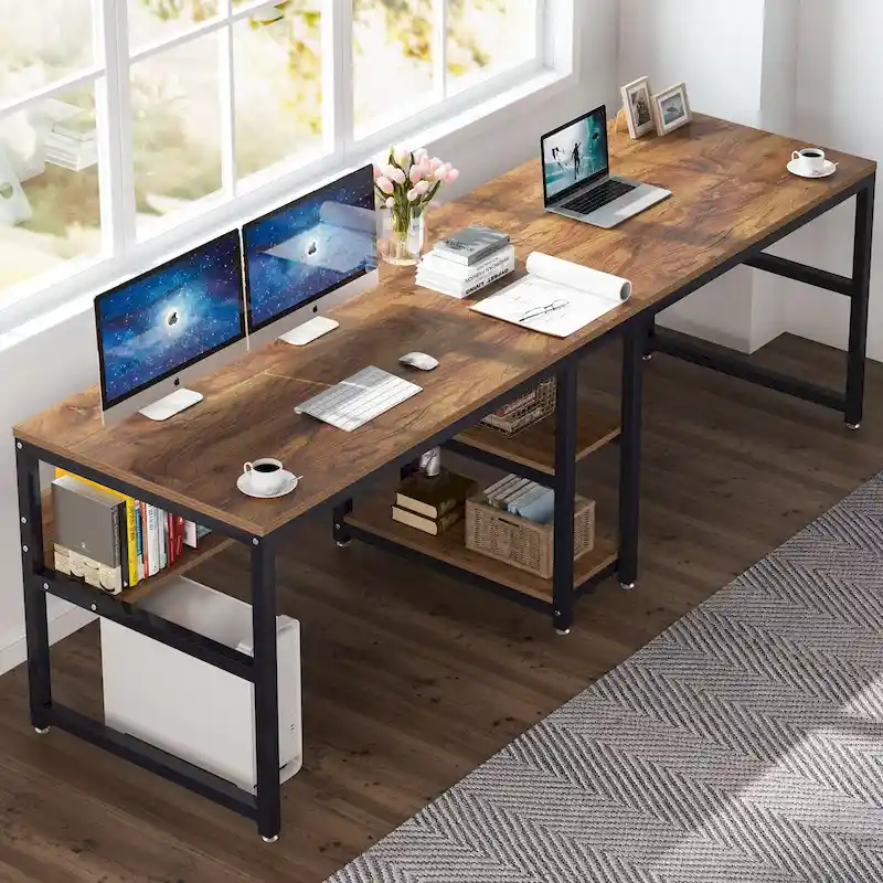 Brown / White / Black / Grey / Light Gray Industrial Double Workstation Desk with Bookshelves – 2-Person