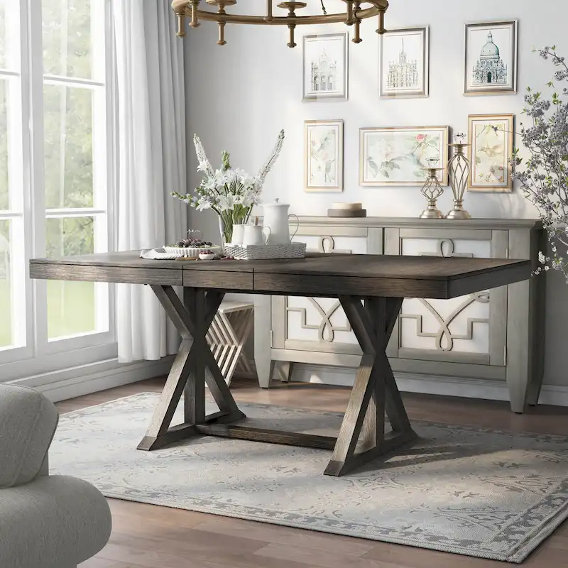 Expandable Dining Table, Rustic Farmhouse, Trestle Base, 18