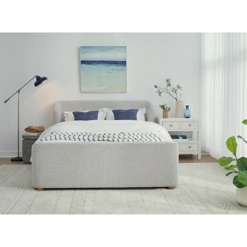 Upholstered Platform Bed, Low Profile, Boucle Fabric, Bentwood Slats, No Box Spring, Sleeps 2, Grey
