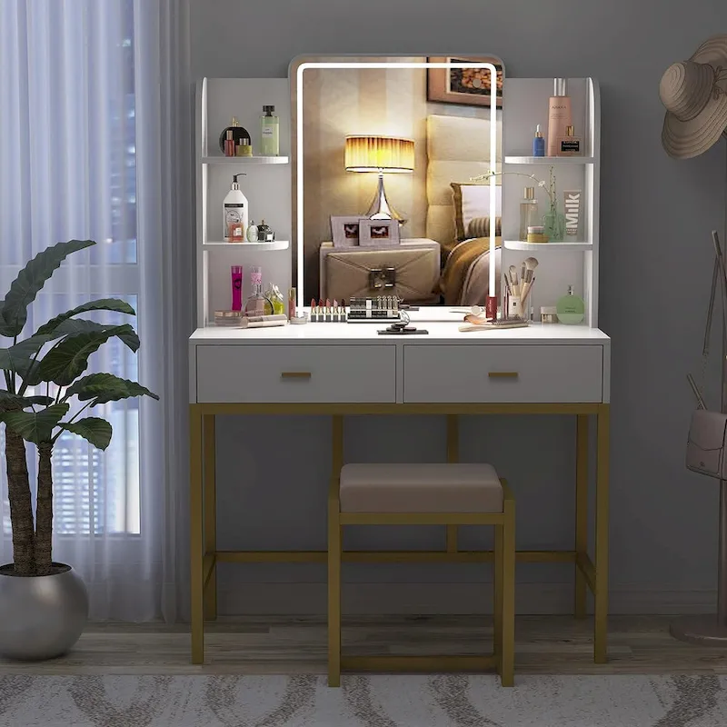 Makeup Vanity Dressing Table with LED Lights, Storage Shelves, Cushioned Stool & 2 Drawers