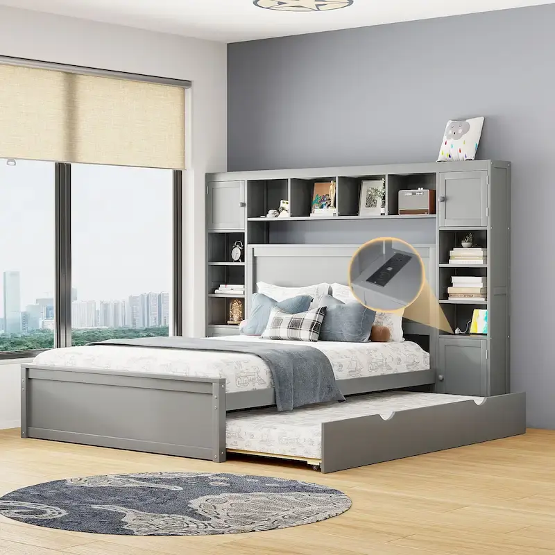 Modern Wooden Bed with Cabinet, Shelf, and Sockets