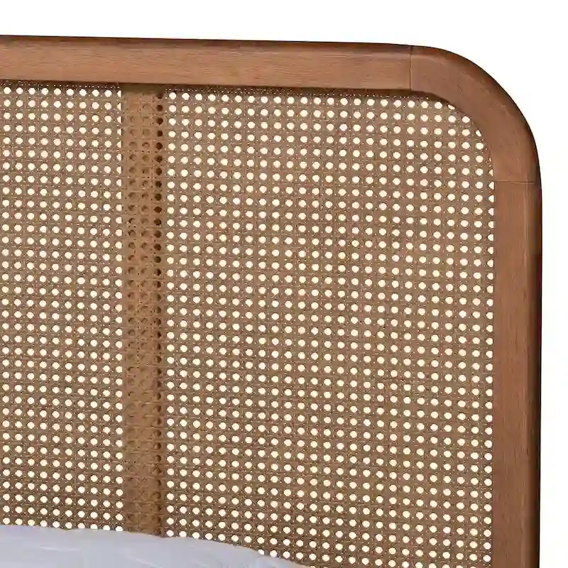 Elston Mid-Century Modern Synthetic Rattan Wood Platform Bed -Walnut
